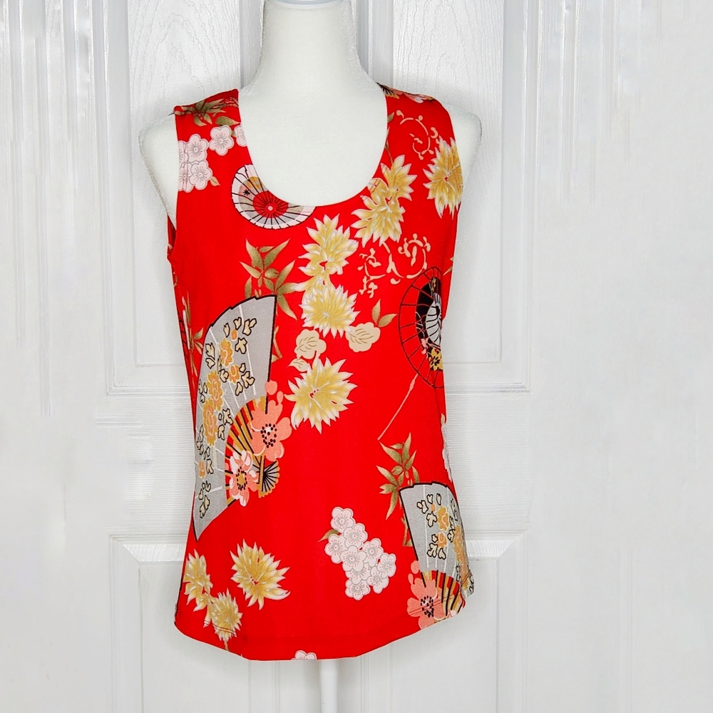 Vintage Carolyn Strauss Red Asian Floral Print Sleeveless Top Small NWT
